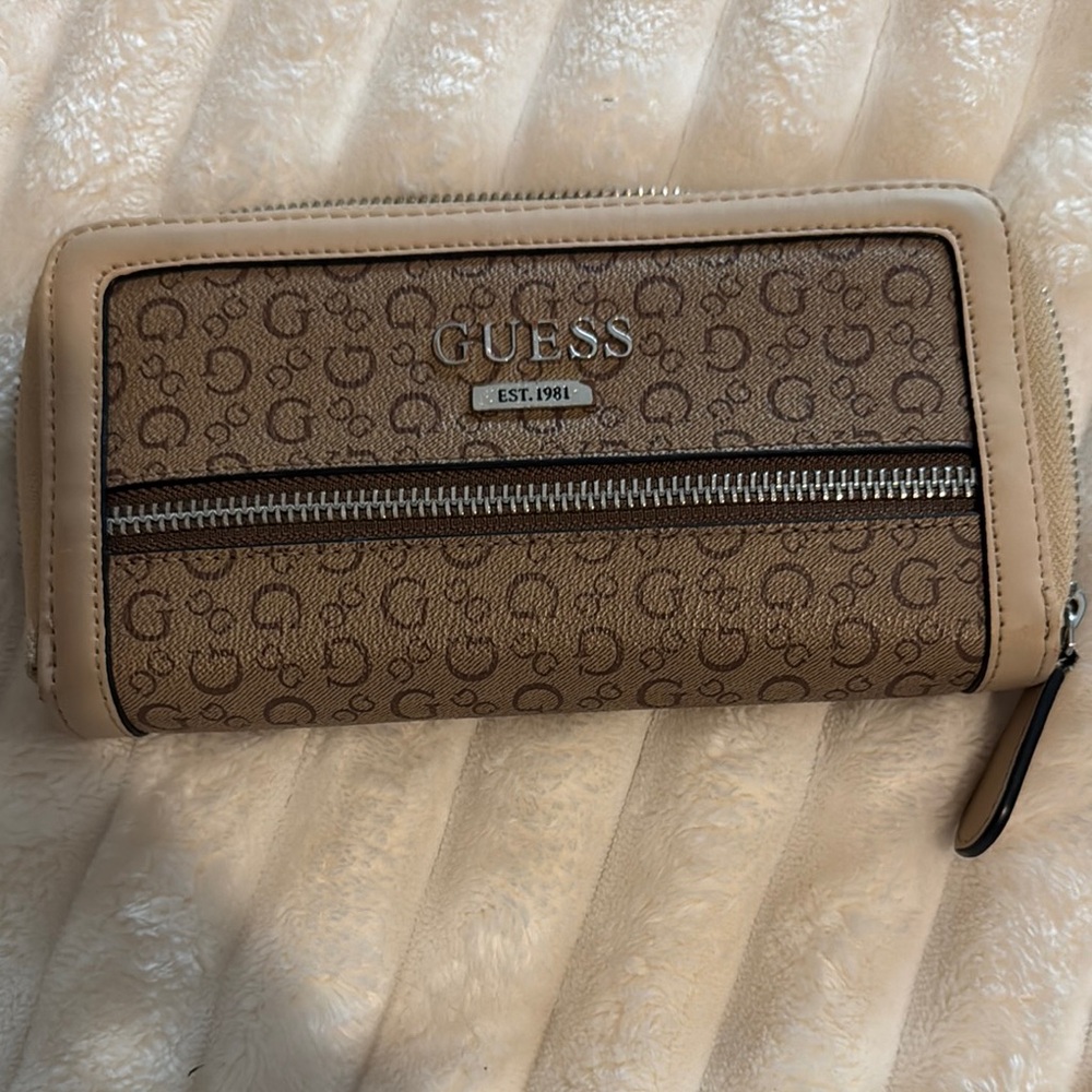 Guess Tan and Brown Monogram Wallet